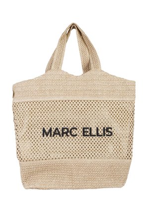 Borsa tote intrecciata beige con due manici e "MARC ELLIS" stampato in nero sul pannello frontale in rete.
