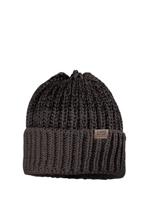 Black thick knit beanie with folded cuff and small rectangular brown label reading "CAPO STAY AHEAD" on white background.
