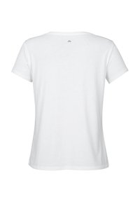 Korte mouwen witte T-shirt van katoen met een ronde hals; heeft een klein logo op de achterkant nabij de halslijn.