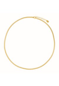Collier en chaîne dorée avec un design en maillons rectangulaires, comprenant un fermoir et une chaîne d'extension réglable pour des longueurs variées.