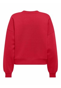 Κόκκινο, κοντό sweatshirt φτιαγμένο από μαλακό, παχύ ύφασμα; διαθέτει ραμμένο λαιμόκοψη σε ριμπ, χαμηλωμένους ώμους και εφαρμοστά μανίκια. Λείο υφή.