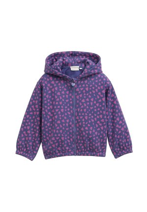 Felpa zip in viola con motivo a cuore rosa. Presenta un cappuccio, polsini elasticizzati e una texture di tessuto morbido.
