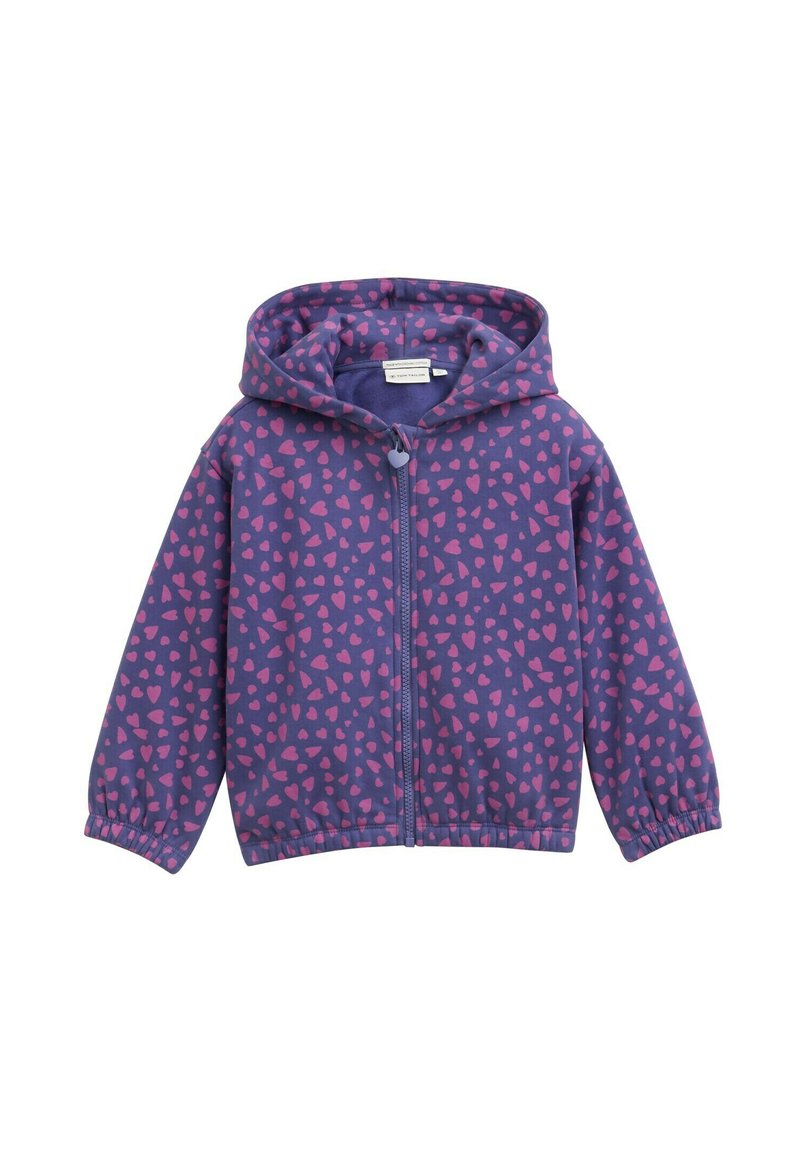Felpa zip in viola con motivo a cuore rosa. Presenta un cappuccio, polsini elasticizzati e una texture di tessuto morbido.