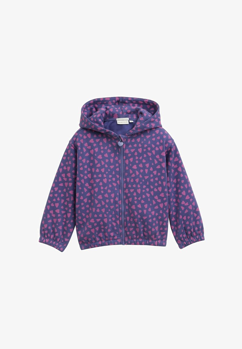 Vijolična zip srajca s kapuco in rožnatim vzorcem srca. Ima kapuco, elastične manšete in mehko teksturo tkanine.