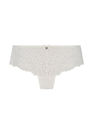 Weiße Spitzen-Hipster-Slips für Damen mit floralen Mustern und kleiner dekorativer Schleife am mittleren Hosenbund.