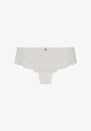 Weiße Spitzen-Hipster-Slips für Damen mit floralen Mustern und kleiner dekorativer Schleife am mittleren Hosenbund.