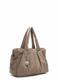 Taupe soft leather handbag with double handles, silver zipper, and round metal brand tag on chain, angled on white background.