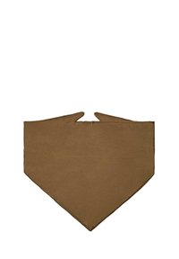 Bandana di cotone marrone con forma triangolare e estremità appuntite, caratterizzata da una texture liscia e un colore uniforme, senza motivi o accenti.