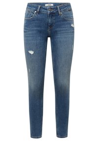 Jean skinny bleu avec légère usure sur les cuisses, bouton à l'avant et design cinq poches.