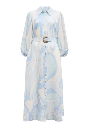 Μακρυμάνικο midi φόρεμα με ανοιχτό μπλε και μπεζ αφηρημένο σχέδιο, με κουμπιά μπροστά, γιακά, ελαστικές μανσέτες και ζώνη στο ίδιο χρώμα με στρογγυλή αγκράφα.
