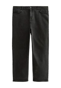 Svarta denimjeans med rak passform, hög midja, fem fickor och diskreta sömnadsdetaljer. Slät textur och slitstarkt material.