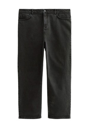 Black denim jeans with a straight cut, featuring a high waist, five pockets, and subtle stitching details. Smooth texture and durable fabric.