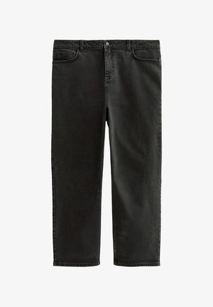 Jean en denim noir avec une coupe droite, taille haute, cinq poches et des détails de couture subtils. Texture lisse et tissu robuste.