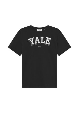 T-shirt en coton noir avec une inscription blanche "YALE" en lettres majuscules, dans un design en arc. Manches courtes et encolure ronde. Texture lisse.