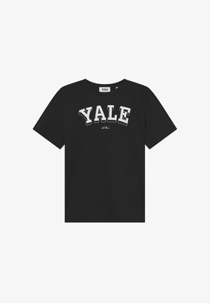 Black cotton t-shirt featuring bold, white "YALE" lettering in an arch design. Short sleeves and a round neckline. Smooth texture.