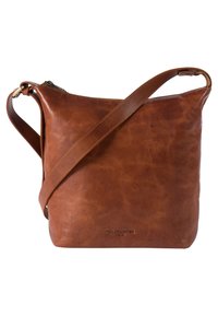 Braune Leder-Crossbody-Tasche mit weicher Textur, Reißverschlussoberteil und verstellbarem Gurt. Mit geprägtem Markenlogo auf der Vorderseite.
