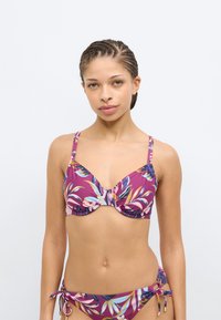 Μωβ μπικίνι με φλοράλ μοτίβο, με ρυθμιζόμενους ιμάντες και ρυτίδωση στο σουτιέν, καθώς και κορδόνια στα μπούστα του μπικίνι.