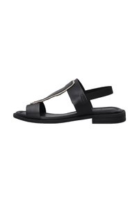 Schwarze Leder-Sandale mit einem T-Riemen-Design, offenen Zehen und einem elastischen Fersenriemen. Verfügt über eine flache Sohle und einen minimalistischen Stil.