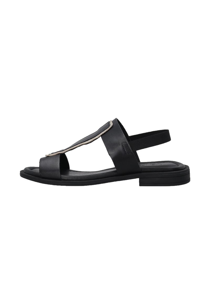 Schwarze Leder-Sandale mit einem T-Riemen-Design, offenen Zehen und einem elastischen Fersenriemen. Verfügt über eine flache Sohle und einen minimalistischen Stil.