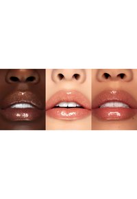 Three sets of lips in varying shades: dark brown, light pink, and a warm peach tone. All lips appear glossy with a subtle shimmer.