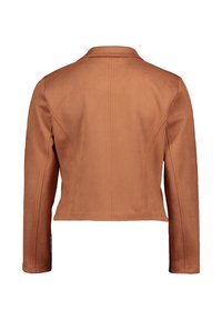Brown faux suede jacket with a short cut, visible stitching, wide collar, and long sleeves. No closures or pockets visible.