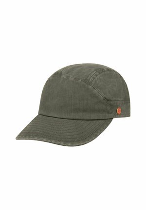 Olive green corduroy baseball cap with curved brim and small round brown logo on the side.