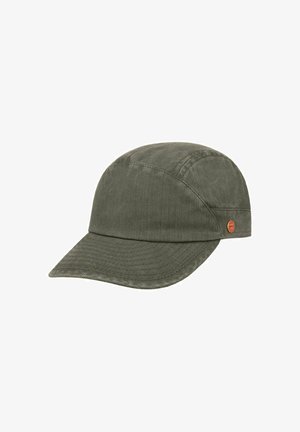 Olive green corduroy baseball cap with curved brim and small round brown logo on the side.