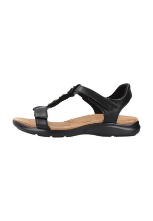 Sandale noire à bout ouvert avec brides réglables, semelle intérieure rembourrée couleur tan, et semelle extérieure en caoutchouc noir, vue de profil sur fond blanc.