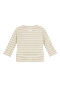Crème kleurige babyshirt met lange mouwen, fijne horizontale beige en lichtbruine strepen, geribbelde textuur en een klein logo label op de bovenrug.