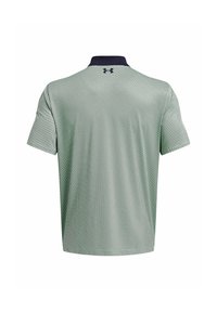 Polo à manches courtes de couleur vert clair avec un motif fin, col bleu marine et logo au dos. Matière respirante avec finition texturée.
