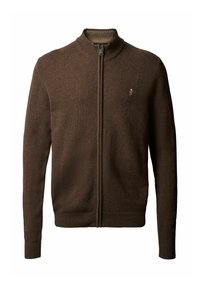 Brun strikket genser med full glidelås, ribbestrikket krage, mansjetter og nederkant, med et lite brodert logo på venstre bryst.