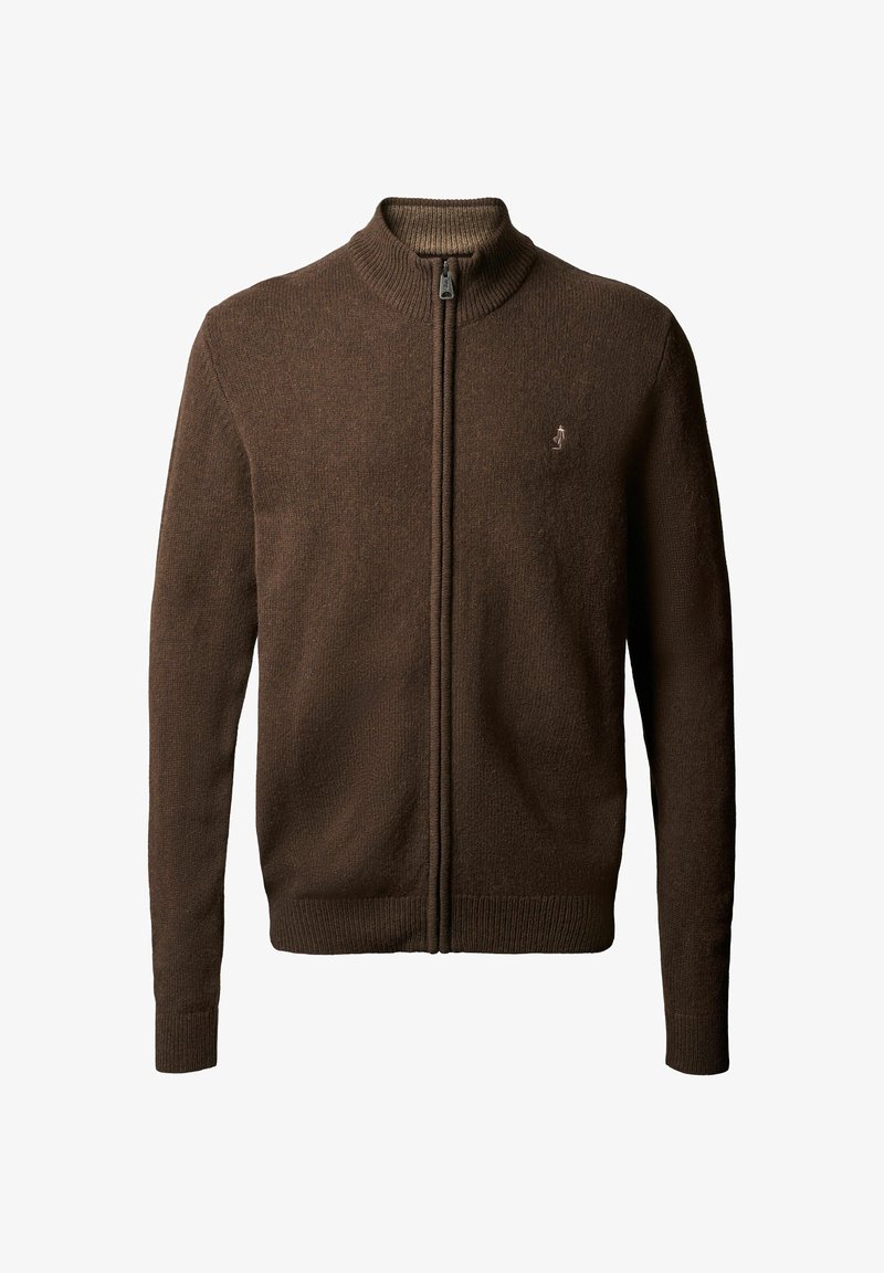 Brun strikket genser med full glidelås, ribbestrikket krage, mansjetter og nederkant, med et lite brodert logo på venstre bryst.