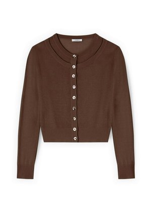 Brązowy krótki kardigan z długimi rękawami i dziewięcioma białymi guzikami z przodu, z okrągłym dekoltem oraz ściągaczami na mankietach i u dołu.
