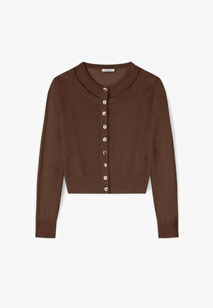 Brauner kurz geschnittener Cardigan mit langen Ärmeln und neun weißen Knöpfen vorne, mit rundem Ausschnitt und gerippten Bündchen und Saum.