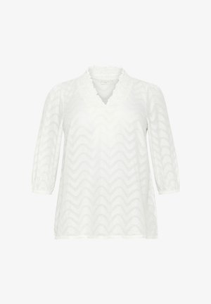 Witte blouse met een gestructureerd zigzagpatroon, ruches bij de v-hals en driekwartmouwen. Gemaakt van lichtgewicht stof.