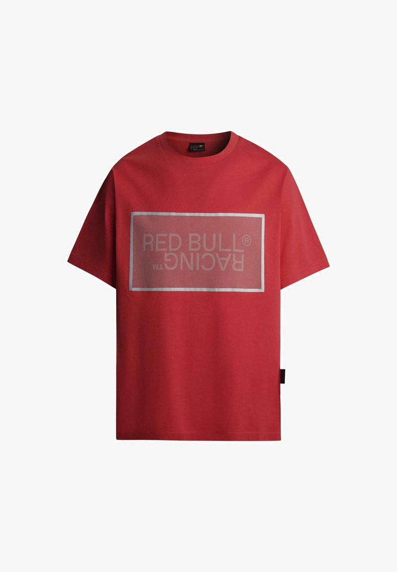 Czerwona bawełniana koszulka z krótkim rękawem, z okrągłym dekoltem, z prostokątną szaro-skalną grafiką z napisem "RED BULL RACING".