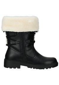 Botte en cuir noir avec revers en fourrure blanche, fermeture éclair et semelle en caoutchouc épaisse. Présente des accents de lacet sur le côté et un design de bout arrondi.