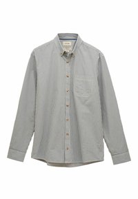 Koszula zapinana na guziki w niebiesko-białe paski, z długimi rękawami, standardowym kołnierzykiem, jedną kieszenią na piersi, drewnianymi guzikami i zaokrąglonym dołem.