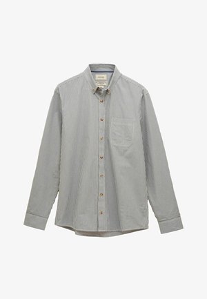 Hemd mit Buttons in Blau- und Weißstreifen, langen Ärmeln, Standardkragen, einer Brusttasche, Holzknöpfen und einem abgerundeten Saum.