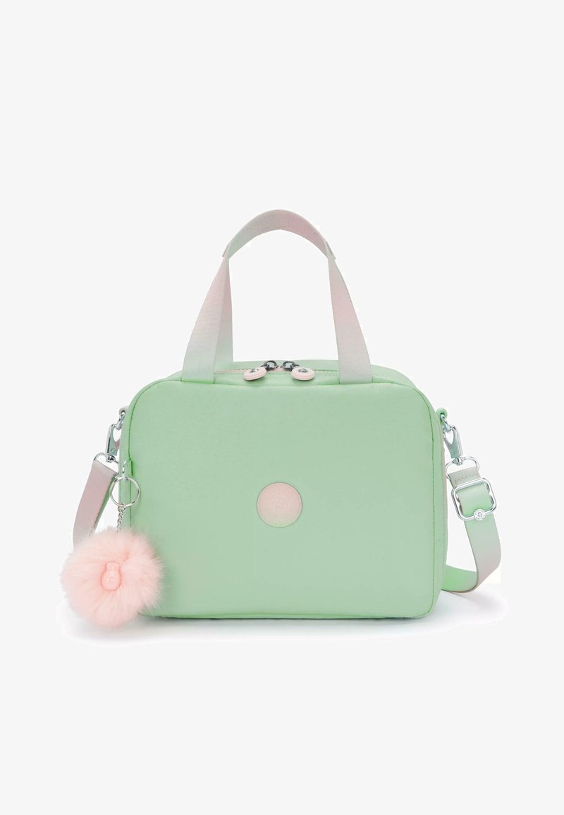 Borsa a mano in nylon verde di forma rettangolare, con manici superiori, spallaccio staccabile e un charm pom-pom fluffy rosa.
