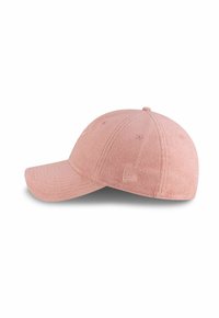Rosa Baseballmütze aus strukturiertem Stoff, mit einem gebogenen Schirm, gestickten Details und einem Logo-Akzent an der Seite.
