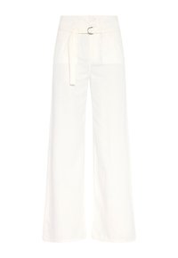 Witte wijde broek van katoen. Kenmerkt zich door een hoge taille, een riem met een zilveren gesp en twee voorzakken met een gladde textuur.