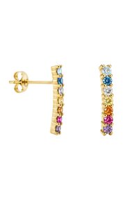 Ohrstecker in Goldoptik mit einer geraden Linie aus rundem, mehrfarbigem Edelstein in verschiedenen Farbtönen, eingefasst in einem glatten, schlanken Design.