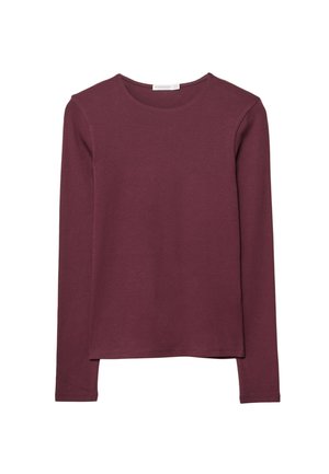 Bordeaux langefsleevet-shirt gemaakt van gladde stof; heeft een ronde halslijn en een ontspannen pasvorm. Eenvoudig ontwerp zonder zichtbare patronen of accenten.