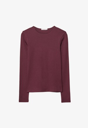 T-shirt à manches longues bordeaux en tissu lisse ; il présente un col rond et une coupe décontractée. Design simple sans motifs ni accents visibles.