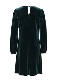 Sukienka z weluru w ciemnozielonym kolorze z długimi puff sleeves, zapięciem na plecach w kształcie dziurki oraz rozkloszowaną sylwetką. Miękka tekstura z eleganckim połyskiem.