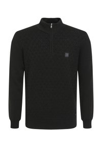 Musta vetoketjuneule, jossa on teksturoitu kolmiomallinen kuvio, pitkät hihat, ribbin reunat ja pieni logopatch rintamuksessa.