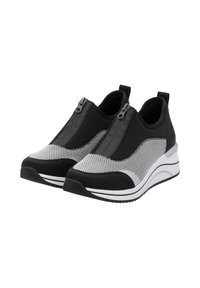 Black and gray slip-on shoes with mesh detailing, a chunky white sole, and zipper accents. Features a smooth texture and rounded shape.