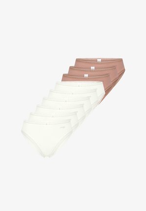 Pack of six underwear featuring two colors: three white and three light brown. Made from soft fabric with lace trim and logo details.