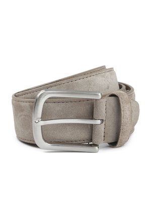 Gray suede belt with a silver metal buckle, featuring a smooth texture and stitched edges, rolled and laid flat.